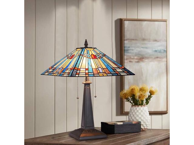 Tiffany Table Lamp 16' Wide Handmade Stained Glass Lamp Shade 2 Light Blue Mission Style Vintage Table Lamp for Living Room Bedroom