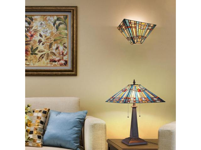 Tiffany Table Lamp 16' Wide Handmade Stained Glass Lamp Shade 2 Light Blue Mission Style Vintage Table Lamp for Living Room Bedroom