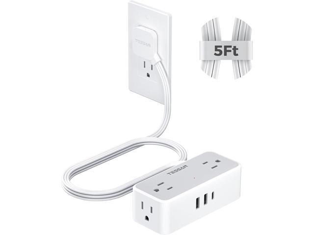 Flat Plug Extension Cord 5 FT, TESSAN Surge Protector Power Strip with 4 AC Outlets 1 USB C and 2 USB A Ports, 900 Joules Protection, Multiple Wall...