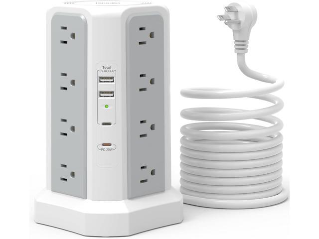 Surge Protector Power Strip with PD20W USB C,13A Thicker Extension Cord with Multiple Outlets 6FT Fararaka Tower Power Strip with USB Ports...