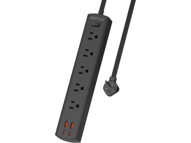 Black Surge Protector Power Strip, Ultra Thin 5 Ft Flat Plug Extension Cord, 1700 Joules, 5 Widely Spaced Outlets with 4 USB Ports (2USB-C),...
