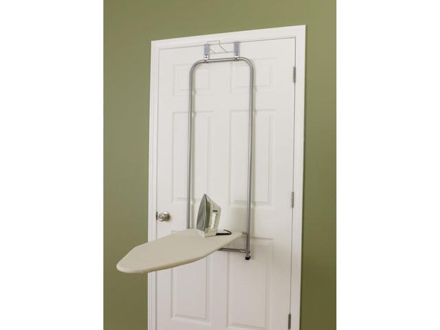 Household Essentials 144222 Over The Door Small Ironing Board with Iron Holder, Natural Cotton Cover Silver