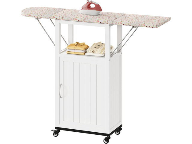 Rolling Ironing Board with Storage Cabinet, Folding Ironing Board with Wheels, Craft Table with Storage, Wooden Fold Down Ironing Station with...