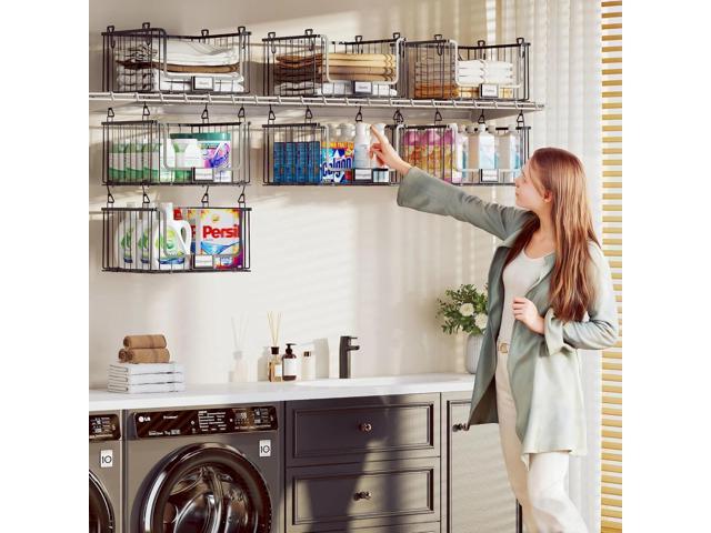 4-Tier Hanging Laundry Room Organizer with Label Cards,Foldable Wire Shelf Basket with 4 Rotating Hooks,Stacked Laundry Basket Organizer,Storage...