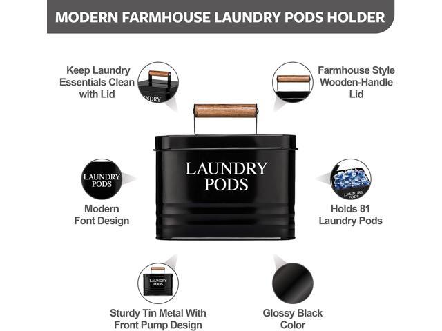 Calindiana Modern Farmhouse Metal Laundry Pods Holder with Lid - Space Saving Organization, Holds 81 Pods, Black