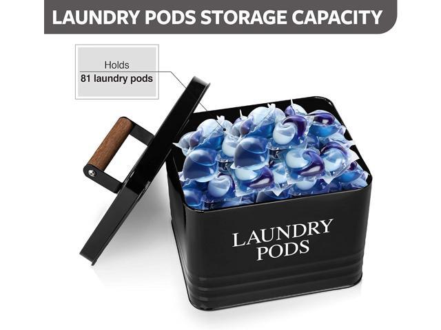 Calindiana Modern Farmhouse Metal Laundry Pods Holder with Lid - Space Saving Organization, Holds 81 Pods, Black
