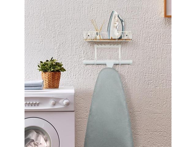 TJ. MOREE Ironing Board Hanger Wall Mount - Laundry Room Decor Iron and Ironing Board Holder with Large Storage Wooden Base Basket and Removable...