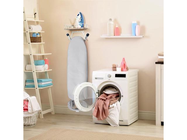 TJ. MOREE Ironing Board Hanger Wall Mount - Laundry Room Decor Iron and Ironing Board Holder with Large Storage Wooden Base Basket and Removable...