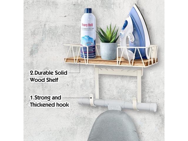 TJ. MOREE Ironing Board Hanger Wall Mount - Laundry Room Decor Iron and Ironing Board Holder with Large Storage Wooden Base Basket and Removable...