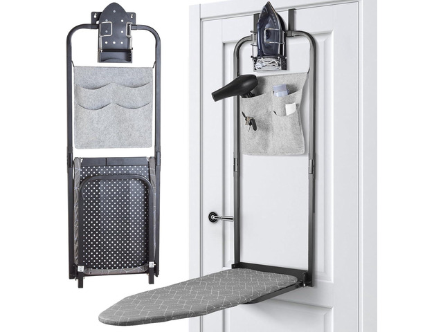 Over The Door Ironing Board 14x42 inches with Iron Holder and Pocket Storage Bag, Hanging Iron Board for Home Laundry Room, Black
