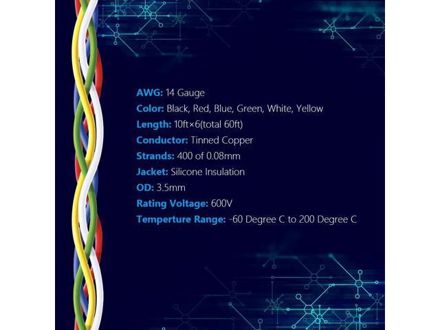 Fermerry 14 AWG Stranded Wire Spool 10ft Each 6 Colors Flexible 14 Gauge Silicone Hook up Wire Kit Electrical Tinned Copper Wire