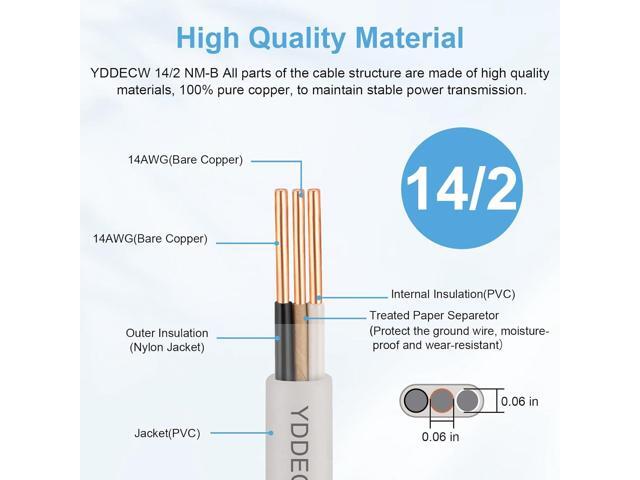 YDDECW 14/2 NM-B Wire with Ground - 10FT 14 Gauge Non-Metallic Sheathed Cable Pure Copper 14 AWG 2 Conductor Residential Indoor Wire for Outlets,...
