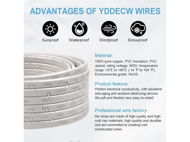 YDDECW 14/2 NM-B Wire with Ground - 10FT 14 Gauge Non-Metallic Sheathed Cable Pure Copper 14 AWG 2 Conductor Residential Indoor Wire for Outlets,...