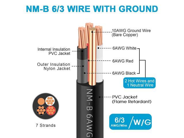 NM-B 6/3 Wire with Ground,20ft 6/3 6 AWG Copper Wire 6 Gauge 3 Conductor Nonmetallic Sheathed 6-3 NM-B Cable with Ground,Stranded Electrical...