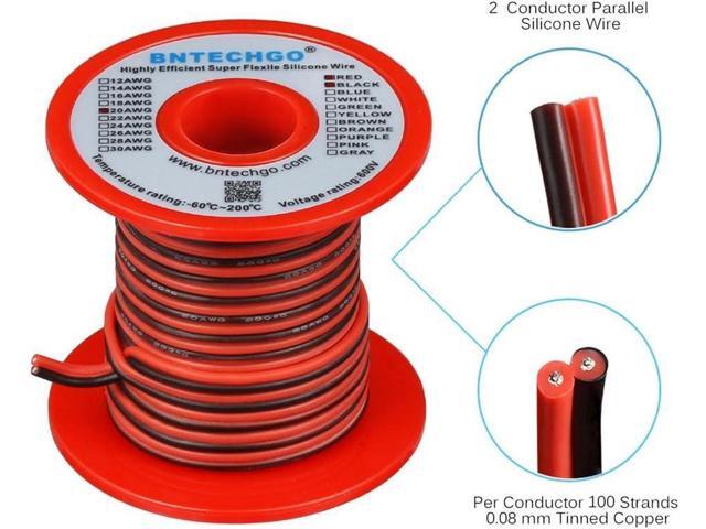 BNTECHGO 20 Gauge Flexible 2 Conductor Parallel Silicone Wire Spool Red Black High Resistant 200 deg C 600V for Single Color LED Strip Extension...