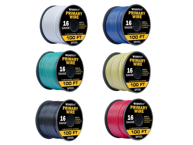 Wamarin 16 Gauge Wire Combo, 6 Colors, 100ft Rolls (600ft Total) - Durable Copper Clad Aluminium, Ideal for Heavy-Duty Auto & Home Projects, Insulated