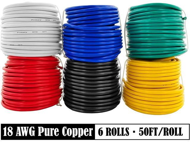 GS Power 300ft 18 Gauge Wire Oxygen Free Pure Copper Primary Wire, 50ft Roll, 6 Colors, OFC 12v 18AWG for Automotive Audio Video Electric Trailer...