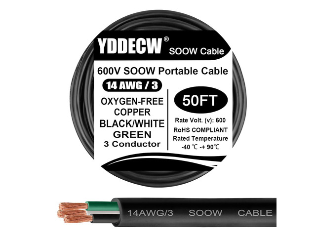 YDDECW 50ft 14/3 14 AWG Portable Power Cable (3 Conductor) - SOOW 600V 14 Gauge Electric Wire for Motor Leads, Portable Lights, Battery Chargers...