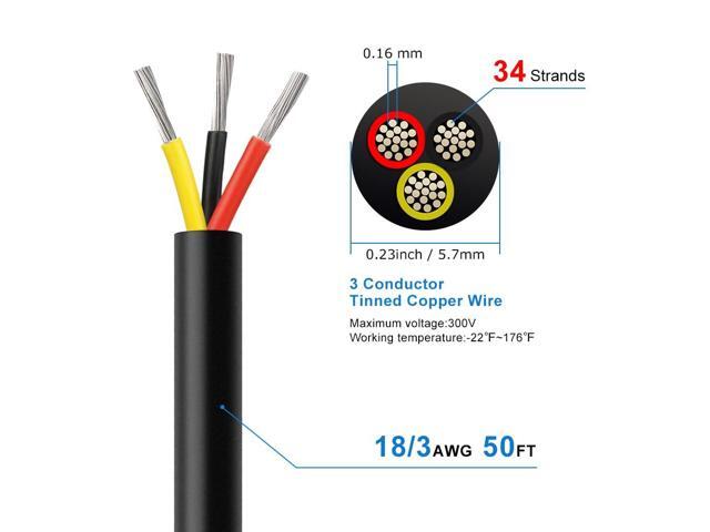 18 Gauge 3 Conductor Electrical Wire, 50FT 18AWG Black PVC Stranded Tinned Copper 63 Wire Cable, 18/3 Cord Extension Cable
