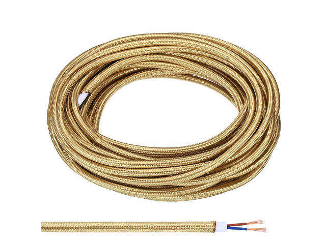 PATIKIL Fabric Cloth Covered Round Wire, 32.8ft 18AWG 2 Core Vintage Woven Electrical Cord for Pendant Light DIY Project, Light Golden