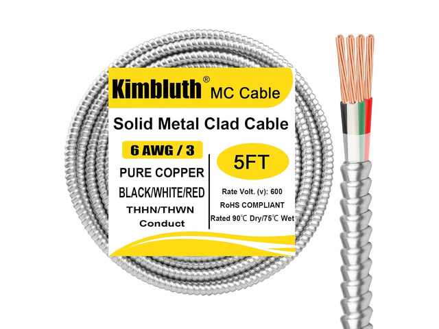6/3 Metal Clad (MC) Cable with Ground 5ft, 6 Gauge Electric Wire with Aluminum Armor, Solid Bare Copper Conductors for Indoor Outdoor Underground...
