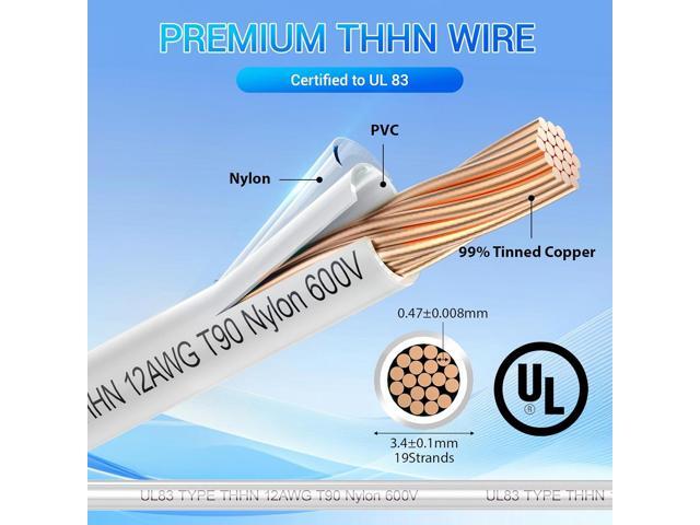 THHN Wire 12 Gauge 50FT, UL83 THHN/THWN-2 12 AWG Cable Stranded Copper with Nylon Jacket and PVC Insulation Building Wires for Residential, CNC,...
