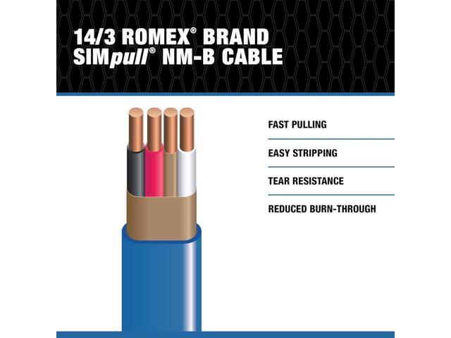 Southwire 63946926 Romex SIMpull NM-B Cable, Blue Jacket, Copper, Solid Core, 14-3 AWG with Ground, 600V, 15 Feet