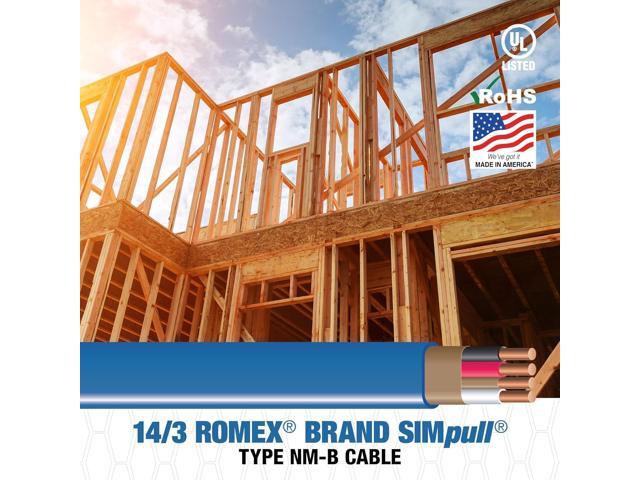 Southwire 63946926 Romex SIMpull NM-B Cable, Blue Jacket, Copper, Solid Core, 14-3 AWG with Ground, 600V, 15 Feet