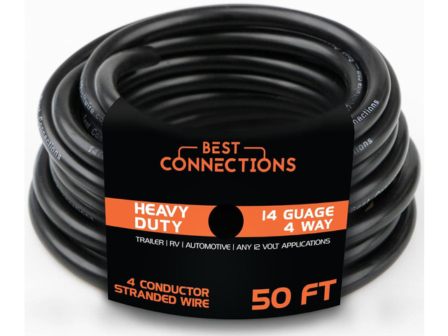 BEST CONNECTIONS 4 Way Trailer Wire (50 Feet) Heavy Duty 14 Gauge 4 Conductor Insulated Cable Durable, Weatherproof, Color-Coded 4 Way Trailer...
