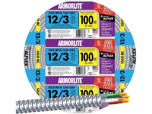 Southwire 12/3 Solid Copper Armorlite MC Cable, 100 ft Metal Clad, Aluminum Armor, THHN/THWN Insulated, 600V Rated
