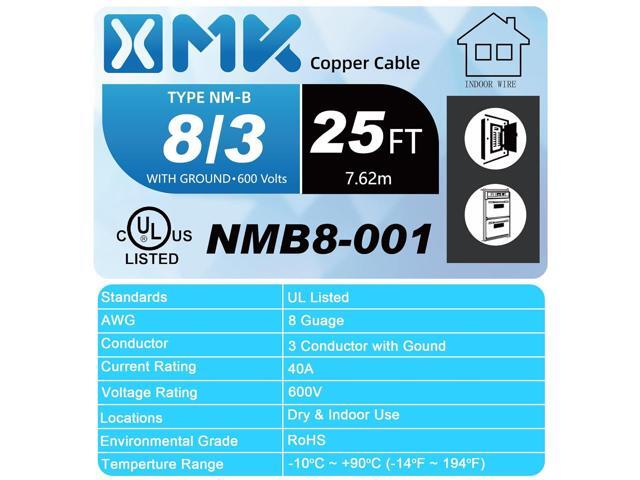 NM-B 8/3 Wire with Ground,25FT 8/3 8 Gauge Wire Copper 8 AWG 3 Conductor PVC Non-Metallic Sheathed 8/3 W/G NMB Cable Stranded Indoor Residential...