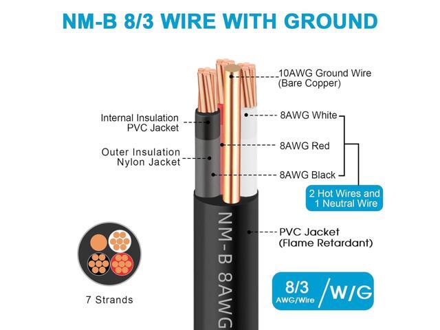 NM-B 8/3 Wire with Ground,25FT 8/3 8 Gauge Wire Copper 8 AWG 3 Conductor PVC Non-Metallic Sheathed 8/3 W/G NMB Cable Stranded Indoor Residential...
