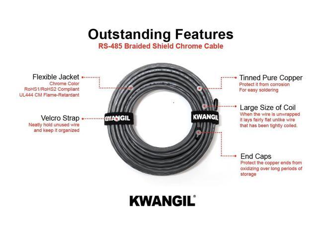 KWANGIL 24AWG 1Pr RS-485 Shielded Cable - Equal to Belden 9841, Str TC, PE Ins, OS+Drain+TC BRD, PVC JKT, 120 ohm for Low Voltage Analog...