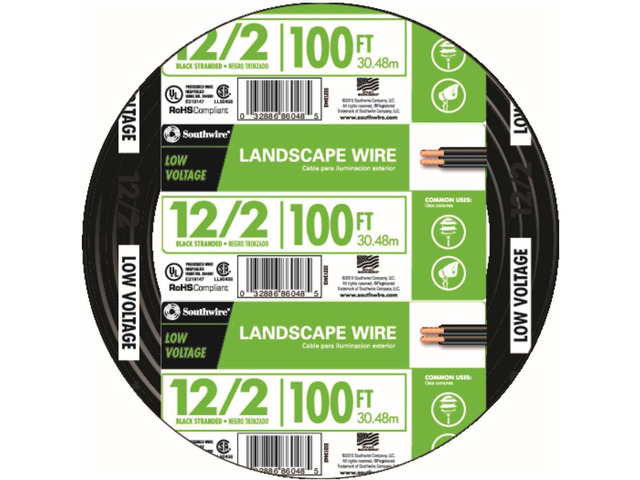Southwire 55213443 100-Feet 12-Gauge 2 Conductor 12/2 Low-Voltage Underground Direct Burial Landscape Lighting Cable, Black