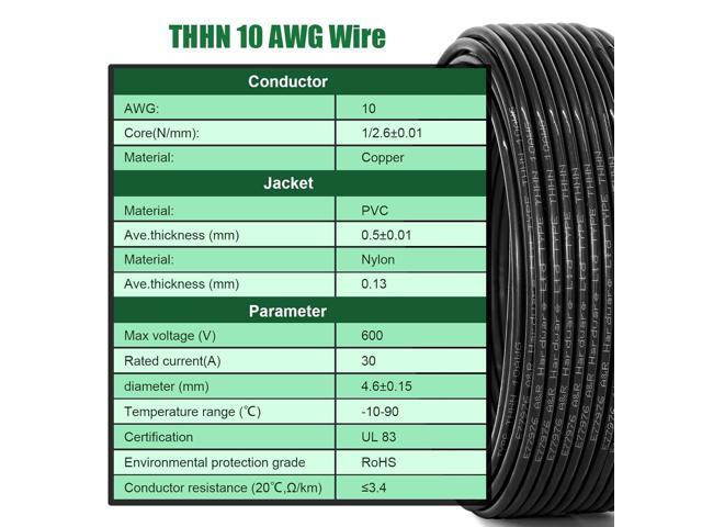 10 Gauge THHN Wire 30 FT Rated 600V OFC Cable, 10 AWG Solid Copper Wire with Nylon Jacket for Building Residential, CNC, Ground, Industrial (10...