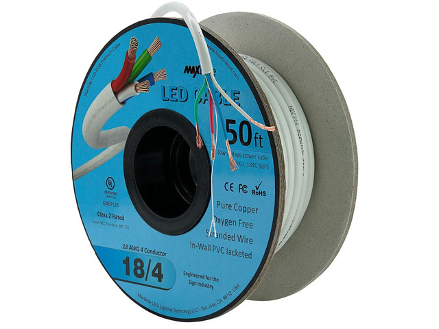 18AWG Low Voltage LED Cable 4 Conductor In-Wall Jacketed Pure Copper Speaker Wire UL/cUL Class 2 (50ft. Spool)