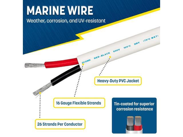 GS Power 100 Ft Duplex Marine Wire, 16 Gauge Wire, Oxygen-Free Tinned Copper 16 AWG Electrical Boat Wiring, Sheathed Copper Marine Grade Electrical...