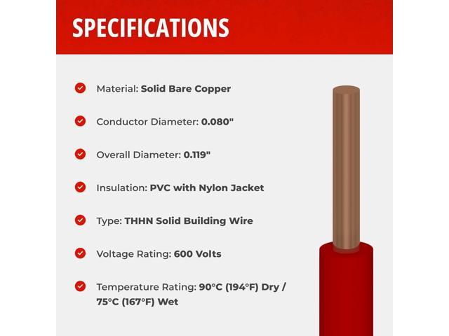 12 AWG Gauge Solid THHN Wire Kit, 25 ft Length Each, 0.119' Diameter, 600 Volts, Building Wire
