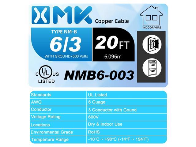 NM-B 6/3 Wire with Ground,20ft 6/3 6 AWG Copper Wire 6 Gauge 3 Conductor Nonmetallic Sheathed 6-3 NM-B Cable with Ground,Stranded Electrical...