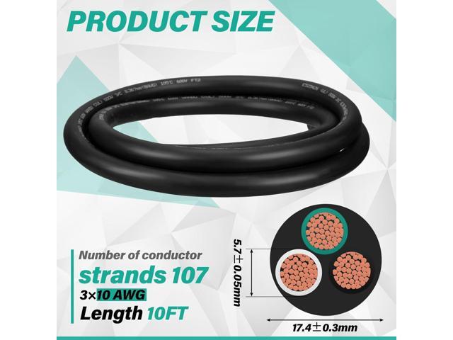 Copkim 10/3 AWG 10 ft SOOW Power Cable, 600V 10 Gauge Portable 3 Conductor Electric Wire Rubber Electrical Cord CPE Insulation Jacket for Portable...