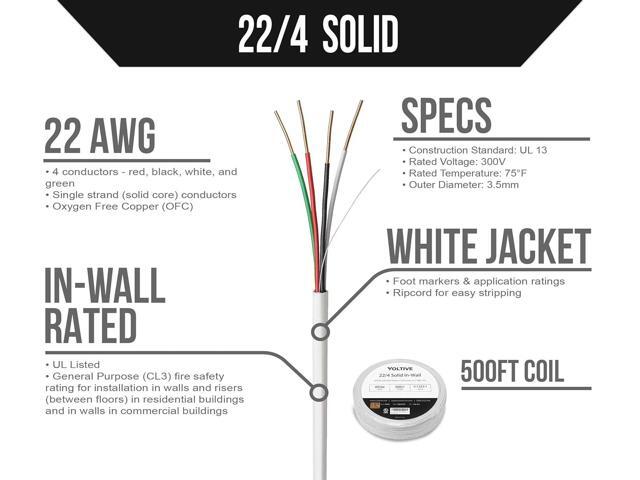 Voltive 22/4 Solid Alarm Wire, in-Wall CL3, White, 500ft - 22AWG, 4 Conductors, Solid Bare Copper, UL Listed - V-1222-1