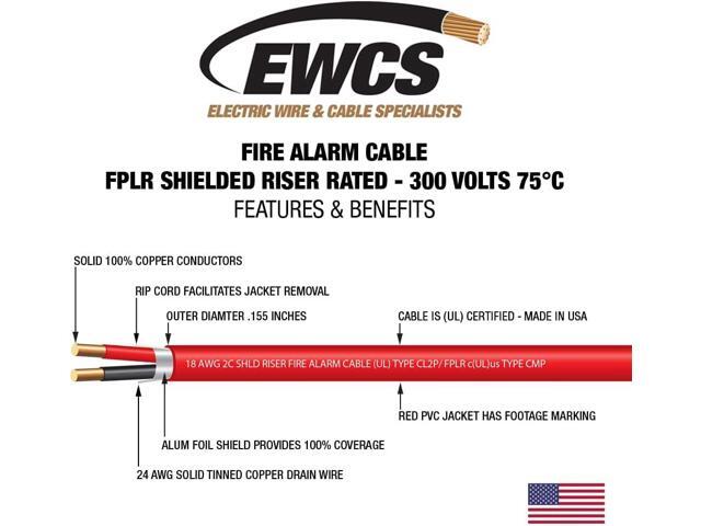 EWCS 18 AWG 2/C Solid FPLR Riser Rated Shielded Fire Alarm Cable Red - 1000 Feet - Made in USA