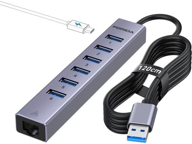 FORIDA Aluminum USB to Ethernet Adapter with 7-Port USB Hub 3.9ft Long Cable, Gigabit Ethernet Port, 5V/3A Power Port USB Extender Compatible...