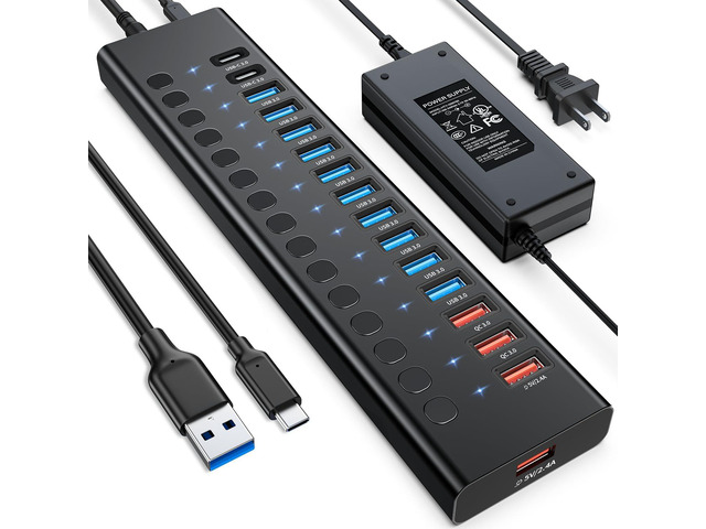 Powered USB Hub, AGEEN 16-Port USB 3.0 Hub (10 USB-A 3.0+2 QC 24W Fast Charging+2 Smart Charging+2 USB-C 3.0 Ports), 12V/8A 96W UL Certified Power...