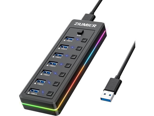USB Hub 7 Port, USB 3.0 Hub with RGB LED Strip -USB 3.0 Data Transfer Ports,Individual LED On/Off Switches for Laptop, PC, Mouse, Keyboard, Hard...