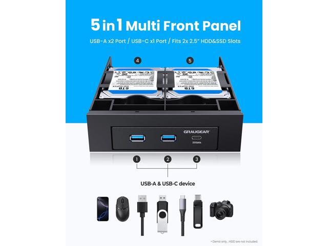 GRAUGEAR 5.25 Inch Internal USB Hub Front Panel USBC 20Gbps + 2X USBA 5Gbps, Dual 2.5 SSD/HDD Bays, Fits 5.25 Bay, USB 3.2 A-Key 20-Pin & USB3.0...