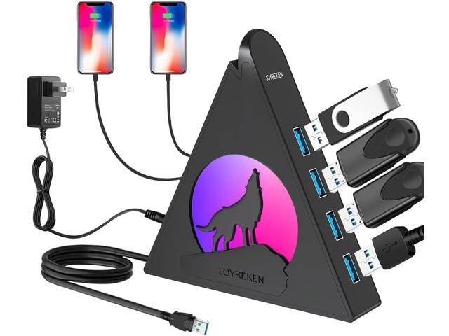 Powered USB Hub 3.0, 6-Port Hub(4 USB 3.0 Data Ports + 2 Smart Charging Ports) with 48W AC Adapter, RGB Wolf Light, Compatible with PC, Laptop,...