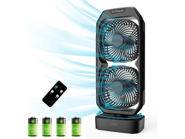 DR. PREPARE 120° Oscillating Quiet Tower Fan with Remote, Small Battery Powered Desk Fan for Bedroom, 250° Tilt, 3 Speeds, 8H Timer, Portable...