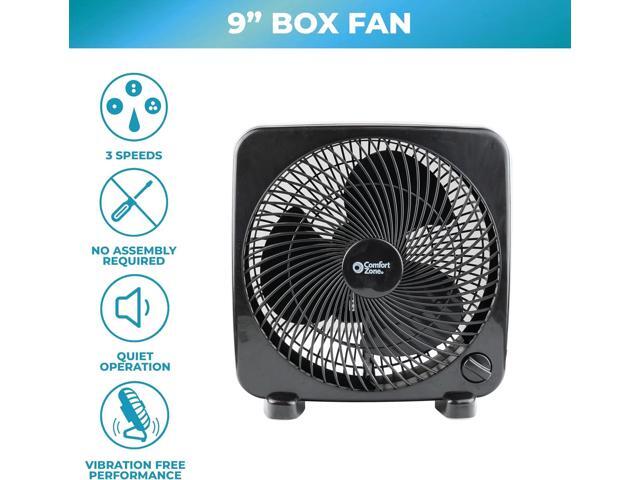 Comfort Zone Box Fan, 9 inch Portable Desk fan, Quiet 3 Speed Mini Fan for Bedroom, Electric Bedside Table Fan, Black