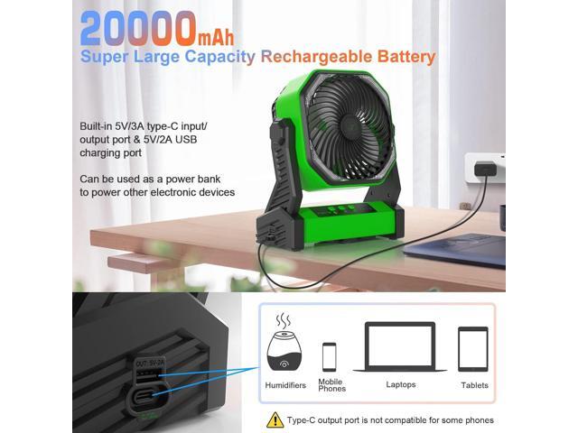 Portable Rechargeable Fan with LED Light, 20000mAh Battery Powered Camp Fan with Hook, 270° Pivot, 4 Speeds, USB Table Fan for Camping, Fishing,...